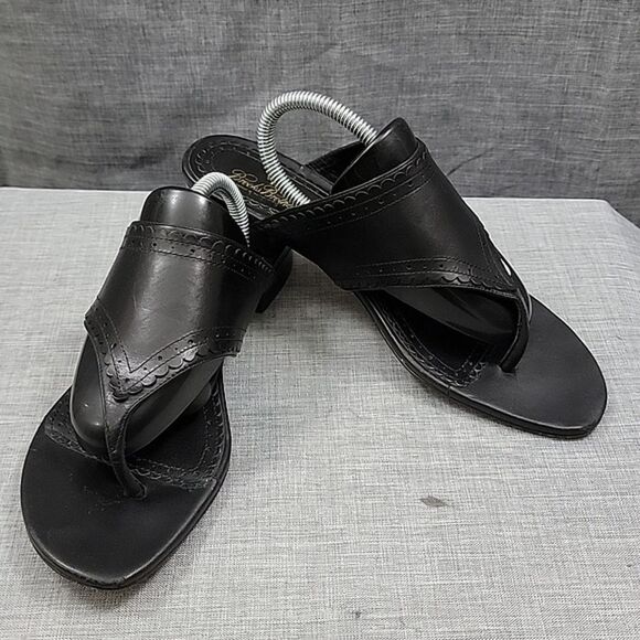 Brooks Brothers Black Leather Wedge Toe Slip-On Sandal, women's SZ 7 - Picture 1 of 9